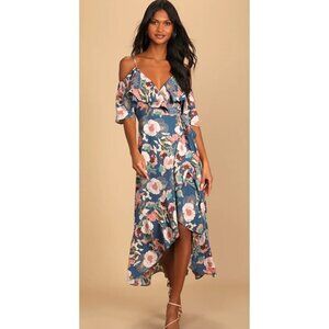 Fully Bloomed Lulus Blue Floral Print Off-the-Shoulder Maxi Wrap Dress size m